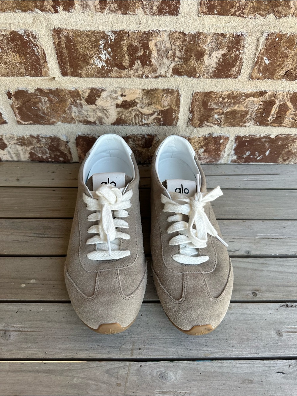 ALO Yoga Men's Taupe Suede Low-Top Sneakers with Cream Laces